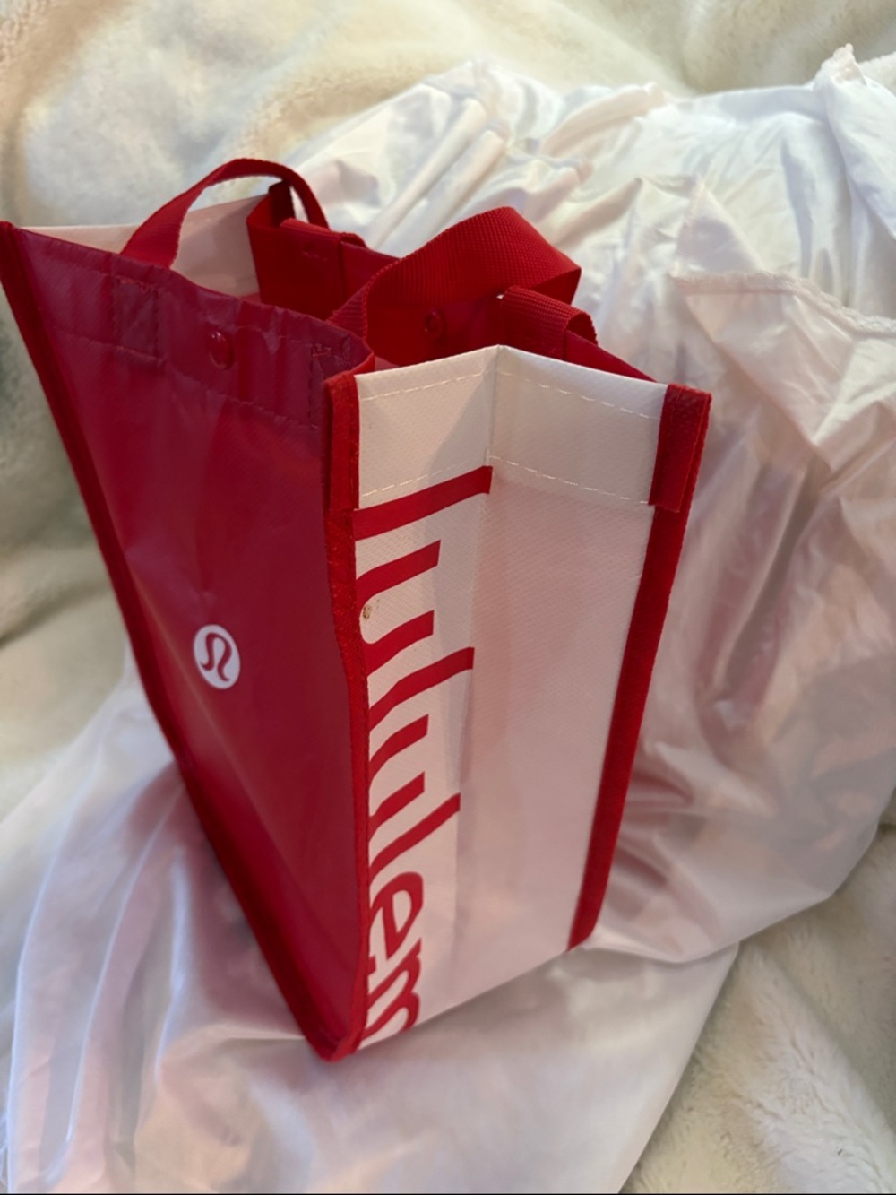 lululemon athletica Red and White Logo Shopping Tote